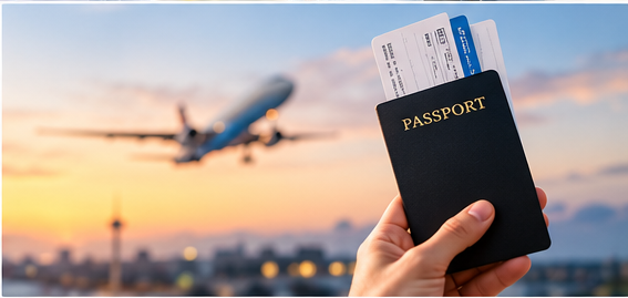 Passport and boarding passes with an airplane in the background