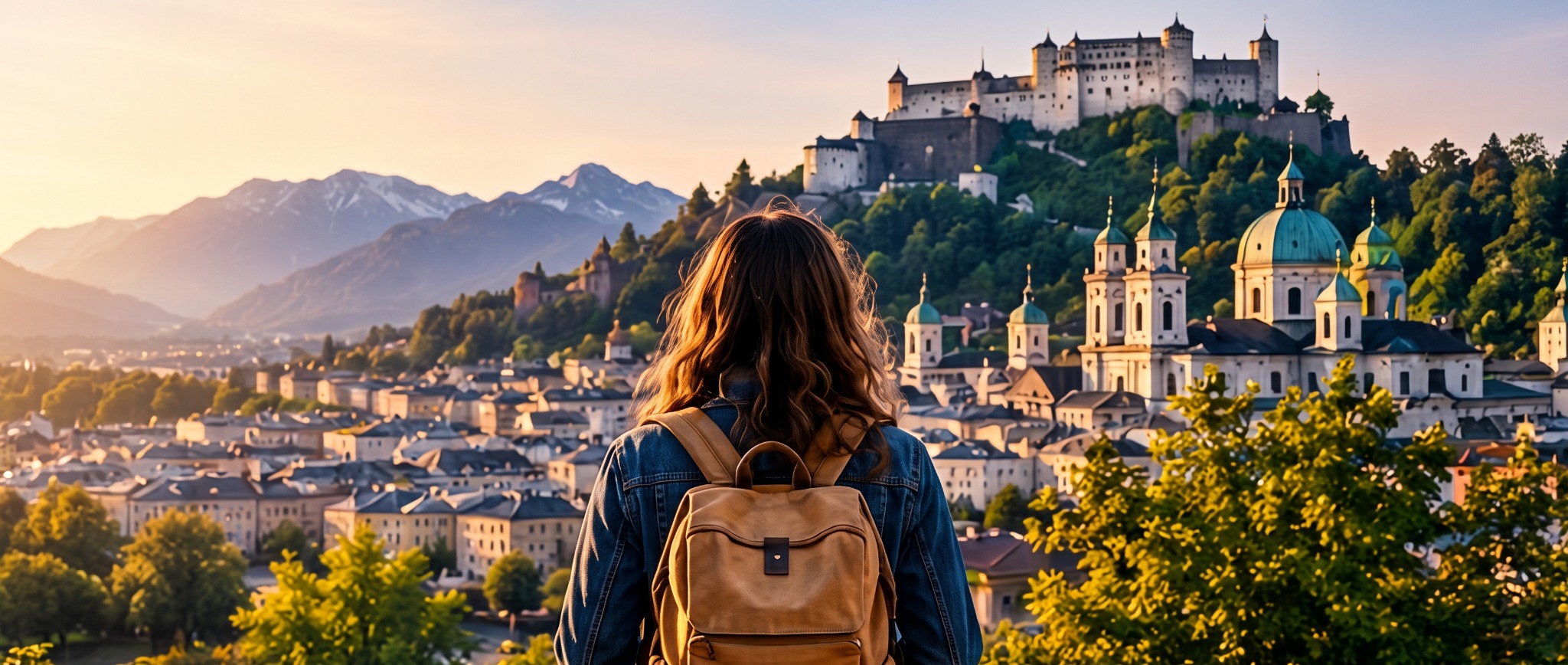 Traveler overlooking Salzburg and the surrounding mountains